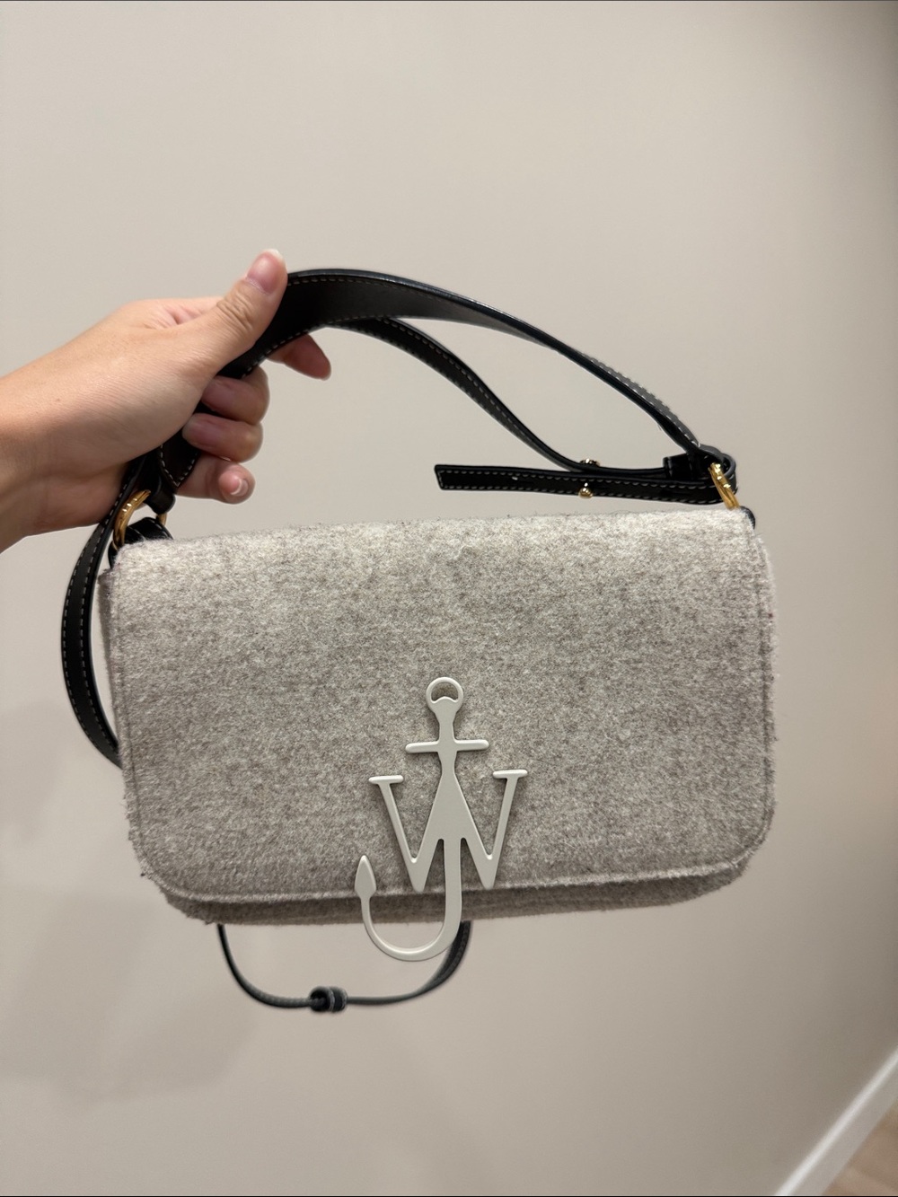 JW ANDERSON Gray Wool Logo Shoulder Bag with Black Strap